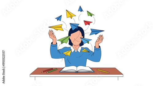 Paper Airplane Escape: An illustration captures a woman surrounded by colorful paper airplanes. The woman is seated at a desk with an open book, pencils and an expression of release and imagination.