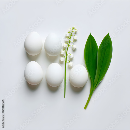 A minimalist composition of white eggs on a white background with a single green stem of lily of the valley. - Image #1 @Ai content creator