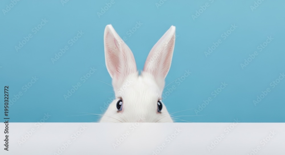 Fototapeta premium A cute white rabbit peeking over a white surface against a solid light blue background studio shot