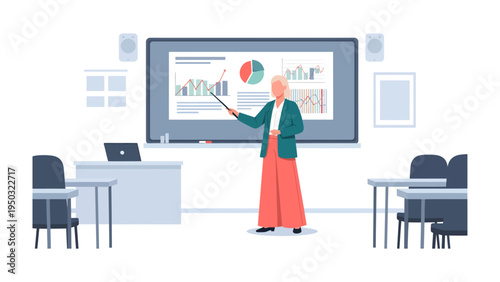 Classroom Presentation: A seasoned educator delivers an engaging presentation in a modern classroom setting, utilizing technology to highlight key data points and foster learning.