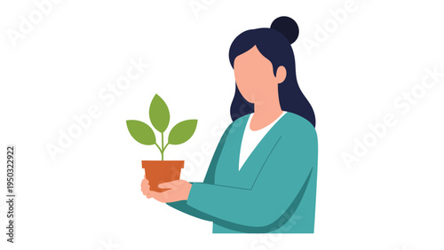 Woman Nurturing Growth: A figure tenderly cradles a potted plant, symbolizing care, cultivation, and the nurturing of new life. Reflecting the beauty of growth.