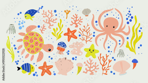 Colorful illustration depicting various marine life and coral reef elements