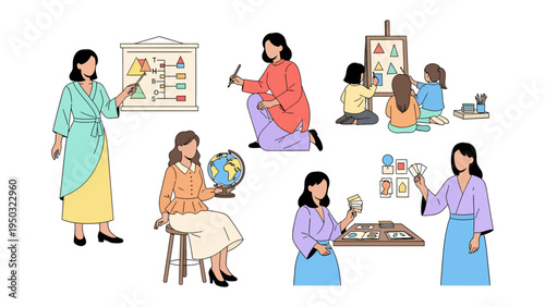 Education and Interaction: A collection of educational scenes showcases a teacher's guidance and students' exploration, fostering learning and discovery in a collaborative environment.