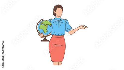 The Educator: A teacher demonstrates a globe as part of geographic or global learning, showcasing the world with an open hand, inviting discovery and knowledge.