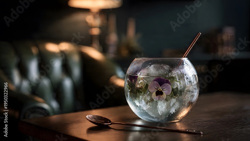 Luxury Gin Cocktail with Edible Flowers in Moody Bar Setting