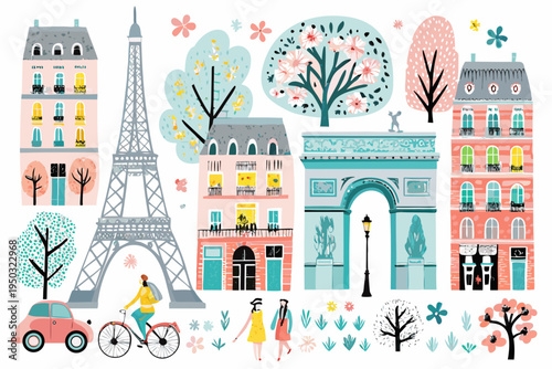 Charming illustration depicting parisian landmarks architecture and springtime scenes