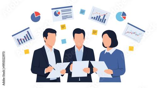 Business Team in Analytics: A focused team collaborating, immersed in data analytics, with charts and graphs highlighting key insights for strategic decision-making. 