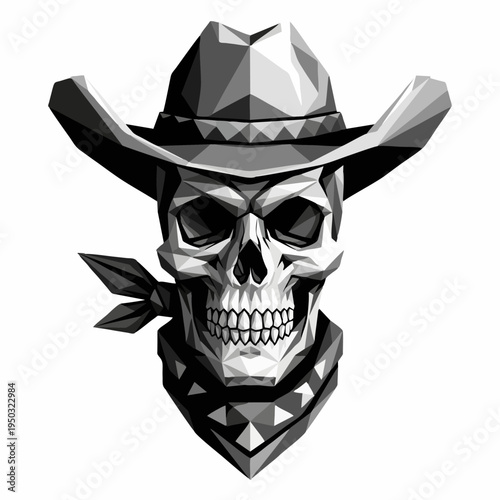 A grayscale illustration of a skull wearing a cowboy hat and bandana smiles menacingly.