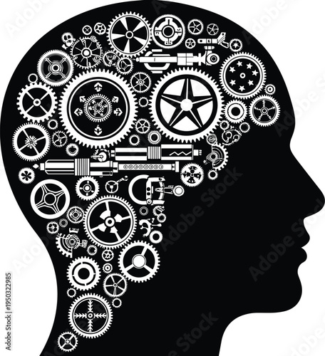 Silhouette of Human Head Filled With Intricate Gears and Mechanical Parts brain cogs