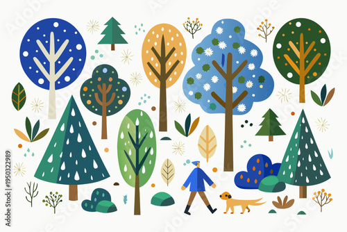 Stylized illustration of trees foliage a person and a dog walking