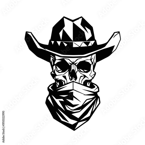 A cowboy skull illustration wearing a hat and bandana e8.eps