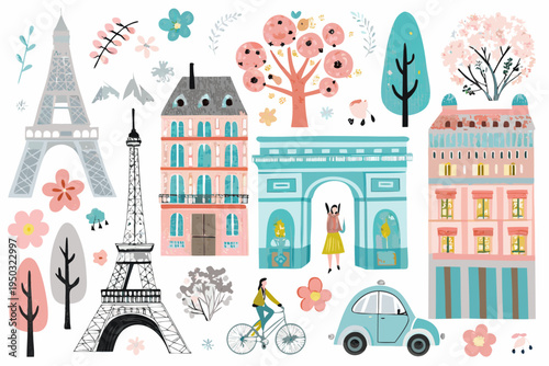 Parisian landmarks and floral elements in a whimsical illustration style