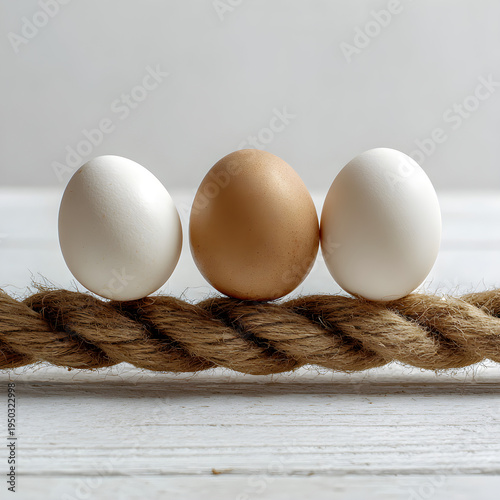 A minimalist composition of three eggs placed in a row on a thick rustic rope on a white wooden floor. - Image #2 @Ai content creator