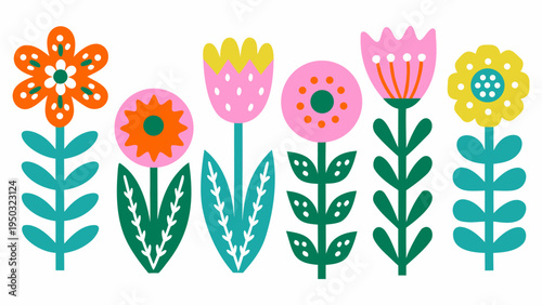 Stylized floral illustration featuring colorful whimsical flowers on white background