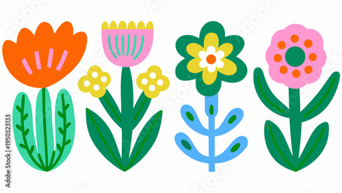 Stylized floral illustration featuring brightly colored whimsical flower designs