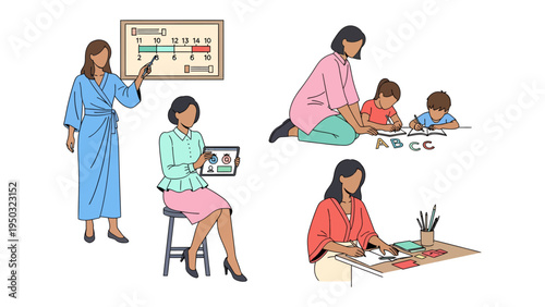 Learning and Growing: A Teacher's Touch: Four different women, exuding warmth and expertise, engage in various educational activities, embodying the spirit of mentorship and learning.