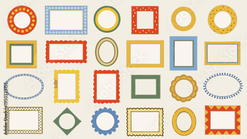 Colorful assortment of decorative frames in varied shapes and patterns