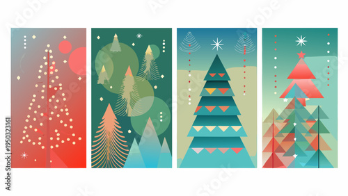 Four stylized christmas tree designs in vibrant vertical panels