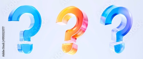 Photos Set of 3D Glass question mark icon isolated on transparent background, concept of help support faq problem solving and inquiry