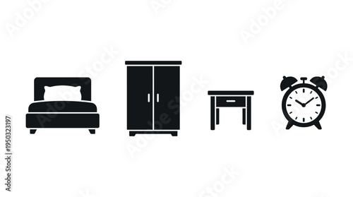 Bedroom furniture icon set. A simple black silhouette collection of a bed, wardrobe, table, and alarm clock. Vector graphics for web design, interior, or app interface.