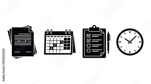 A set of black vector icons for business management and planning. Includes document, calendar, checklist, and clock symbols. Ideal for productivity apps, websites and presentations.