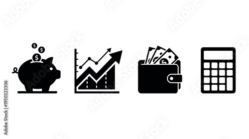 A set of four black business and finance icons: piggy bank for savings, growth chart for investment, wallet for money, and calculator for budget. Vector for web and print.