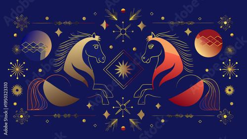 Two majestic horses face each other amidst celestial and floral designs