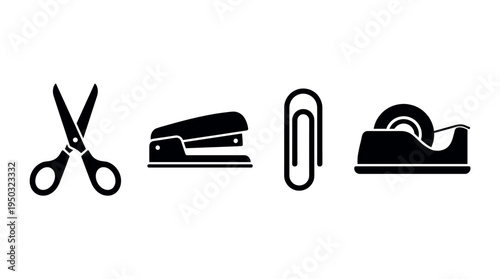 A set of basic office supply icons. Includes scissors, stapler, paperclip, and tape dispenser. Minimal black vector silhouettes for business, school, or web design.