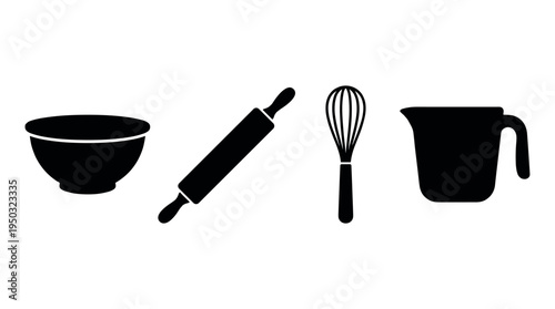 Set of black baking tool icons. Includes a bowl, rolling pin, whisk, and measuring cup. Minimalist vector illustration for culinary design, recipes, and cooking blogs.