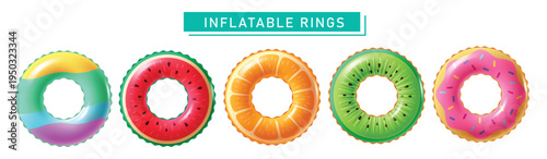 Inflatable Rings Collection Vector Illustration With Fruit Designs Watermelon Orange Kiwi And Donut