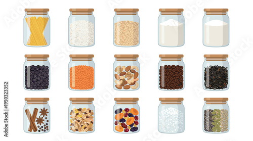 Vector illustration set of food in glass storage jars. Pantry staples like grains, pasta, beans, and nuts for kitchen organization, zero waste lifestyle, and healthy cooking.