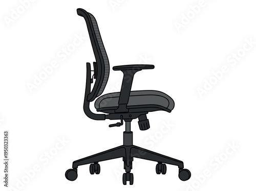 A vector illustration of a modern ergonomic office chair. A simple, clean design for corporate, business, furniture, or interior design concepts. Side view, line art style.