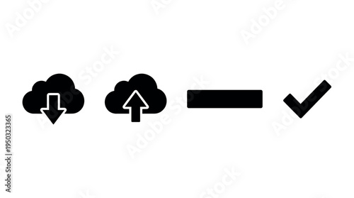 Set of black flat icons for web and mobile interface design. Includes download, upload, remove, and confirm symbols. Perfect for modern app and website UX/UI elements.