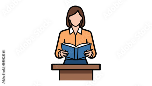 Reading in Podium: A woman stands at a podium, engrossed in a book. It is a moment of scholarly focus and dedicated study. 