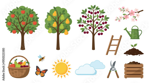 Vector collection of garden icons with fruit trees, harvest basket, tools and nature elements. Perfect for farming, organic food concepts and kids illustrations.