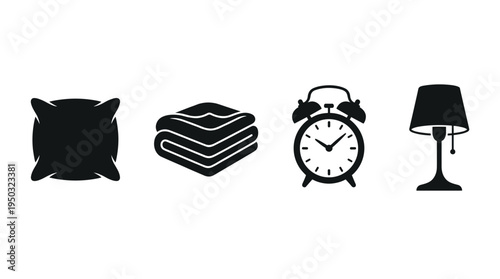 A set of four black silhouette icons for bedtime: pillow, folded blanket, alarm clock, and lamp. Minimalist vector symbols for sleep, rest, and morning routine concepts.