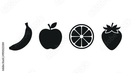 Set of four simple black fruit icons: banana, apple, orange slice, and strawberry. Minimalist vector illustration for web design, logos, and healthy food concepts.