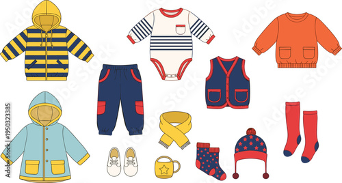 Kids Winter Clothing Collection Cartoon Children Outfit Apparel Vector Illustration Set