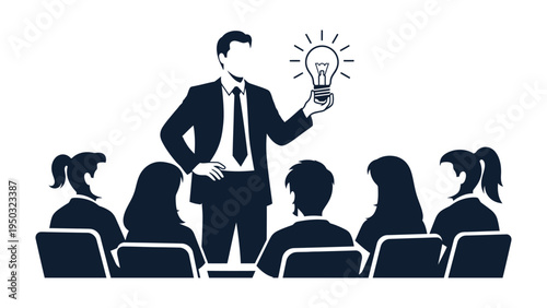 Innovative Guidance in the Meeting: A silhouette of a leader is illuminated by a glowing idea, directing a presentation for a engaged audience, symbolizing inspiration and strategic direction.