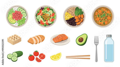 A vector set of healthy food icons. Includes poke bowl, salad, soup, salmon, and vegetables. Perfect for nutrition, diet plans, and wellness concepts.