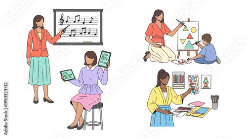 Teaching Moments: A collage of educators engrossed in sharing knowledge. In various settings, these teachers engage students, inspiring their growth through the arts, music, and digital technology.