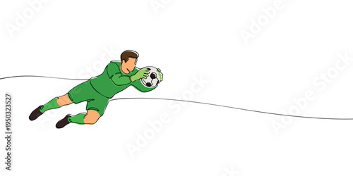 Minimal illustration of a soccer goalkeeper diving to catch a football, symbolizing sport, defense, teamwork, and competitive gameplay