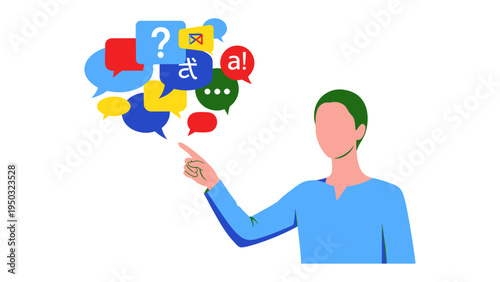 Language Explorer: An illustration of a person with the symbol of language and speech bubbles representing the diversity and complexity of communication.