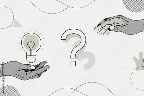 Hands holding a lightbulb and questioning possibilities with abstract shapes
