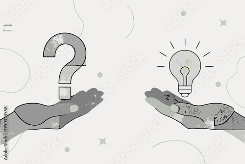 Hands holding a question mark and a glowing lightbulb illustration
