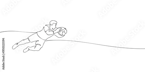Minimal line illustration of a soccer goalkeeper diving to catch a ball, symbolizing sport, football action, teamwork, and athletic performance