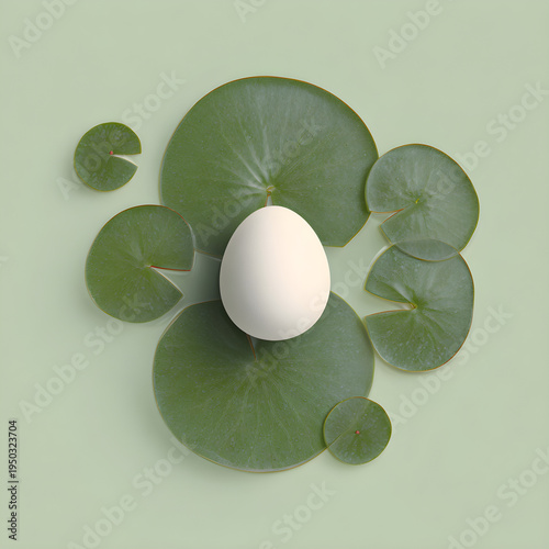 A minimalist composition of a single egg resting on a large flat leaf in a pond with lily pads around it. - Image #1 @Ai content creator