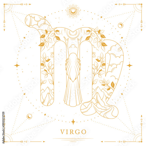 Modern magic witchcraft card with astrology Virgo zodiac sign on space background. Line art vector illustration