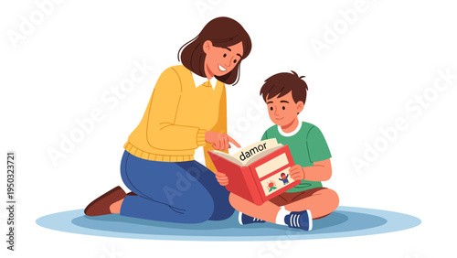Learning Together: A heartwarming scene captures a mother sharing a storybook with her young child, creating a moment of educational bonding and joy.