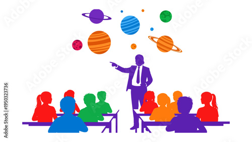 Cosmic Classroom: A teacher imparts knowledge to attentive students in a vibrant, artistic representation of the universe, with planets and celestial bodies as the backdrop.